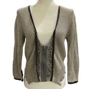 Free People Women's Gray Waffle Knit Beaded Cropped Zip Up Cardigan